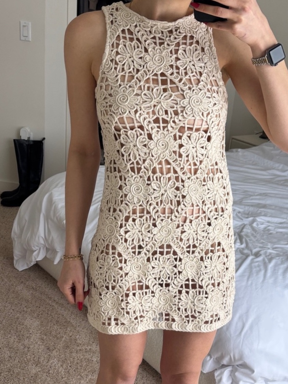 Elegant Cream Lace crochet Dress coverup with black bow